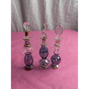 3 lot miniature 3" hand blown glass purple gold perfume essential oil bottles